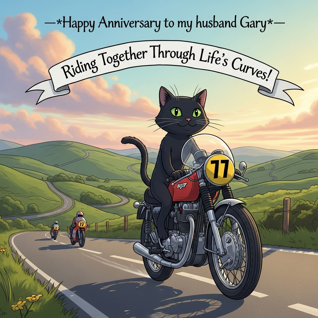 At the top of the Illustration Style image, write: **Happy Anniversary to my husband Gary**

---

Visualize a heartwarming scene where a sleek black cat with playful green eyes and a shiny coat rides confidently on a vintage motorbike. The motorbike is classic and elegant, with chrome accents glistening under the sun, reminiscent of the iconic Isle of Man TT races. The background is a scenic view of rolling hills and winding roads, hinting at a thrilling journey on the Isle of Man.

In the background, a couple of small motorbikes in the distance are racing, capturing the essence of adventure and speed. The sky is a blend of soft pastels, with hues of pink, orange, and blue, evoking a dreamy atmosphere. 

Add a whimsical banner above the motorbike that reads: "Riding Together Through Life's Curves!" in playful, flowing script, to complement the cute and adventurous theme.
Generated with these themes: Motorbikes, Black Cat, Isle of Man TT , and .
Made with ❤️ by AI.