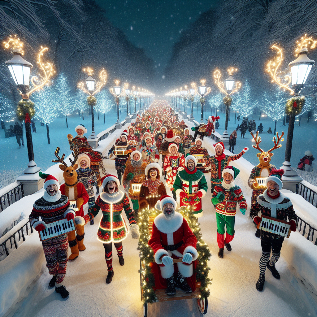 Visualize a crisp, snowy park with meandering pathways illuminated by delicate fairy lights shimmering through the frosty air. A jubilant troupe of carolers, clad in the most whimsical Christmas get-ups, breaks the silence with their melodious tunes. Imagine the snow gently falling, fairy lights twinkling in the distance, and a group of enthusiastic carolers ready to bring cheer to the world. We highly encourage participants to wear their most spirited and dazzling holiday attire. Santa hats, reindeer antlers, and festive sweaters are all strongly encouraged! Let's show our true holiday spirit through our enthusiasm and infectious smiles. So, mark your calendars, grab your jingle bells, and join us for an evening of laughter, camaraderie, and the joyous sound of Christmas carols!
🎵
Generated with these themes: Christmas Caroling.
Made with ❤️ by AI.