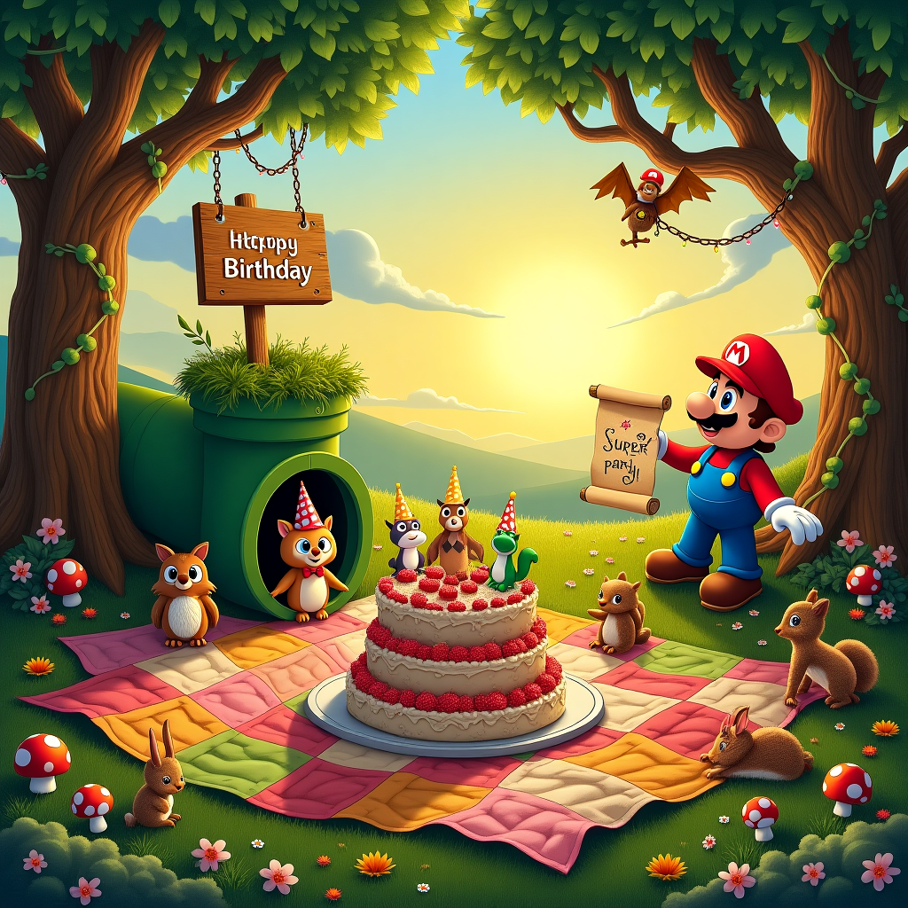 In a whimsical forest clearing illuminated by the golden glow of a setting sun, a delightful birthday scene unfolds with all the charm of a fairy-tale illustration. At the center, a vibrant patchwork picnic blanket lies sprawled over the lush, green grass, adorned with intricately woven patterns reminiscent of Beatrix Potter's meticulous detail. On the blanket, a large, ornate cake towers with fondant sculptures of Super Mario characters - Mario, Luigi, Princess Peach, and Yoshi - each one crafted with precision, their expressions jubilant and lively.

Around this enchanting cake, woodland creatures have gathered for the celebration, reminiscent of Maurice Sendak’s expressive animal characters. Squirrels, rabbits, and hedgehogs, all wearing tiny, hand-sewn party hats in an array of colors, add a playful touch. Nearby, perched on a low branch, an owl with a dignified expression wears a bow tie and clutches a scroll that reads "Happy Birthday Jordan" in elegant, curling script inspired by Aubrey Beardsley’s elaborate line work.

Further enriching the scene, Mario himself emerges from a classic green warp pipe that’s partly concealed by wildflowers, with a smile as wide as the pipe itself. To his left, an inviting wooden sign hangs from a tree, carved with the words "Jordan's Super Party," the lettering inspired by the sturdy, adventurous style of N.C. Wyeth. Above this fantastical gathering, clouds tinged with the hues of a Maxfield Parrish sky drift lazily, while the branches of the trees, drawn with the intricate whimsy of Arthur Rackham, arc overhead, festooned with twinkling fairy lights.

The backdrop is a rich tapestry of verdant foliage, mushrooms with spots of bright red and white peeking from beneath the undergrowth, and vines that wind around the trunks of ancient trees. This birthday card scene is a narrative tableau, combining the spirit of a magical woodland with the lively celebration of a beloved gaming icon, all in honor of Jordan’s special day.
Generated with these themes: Super mario join forest birthday party.
Made with ❤️ by AI.
