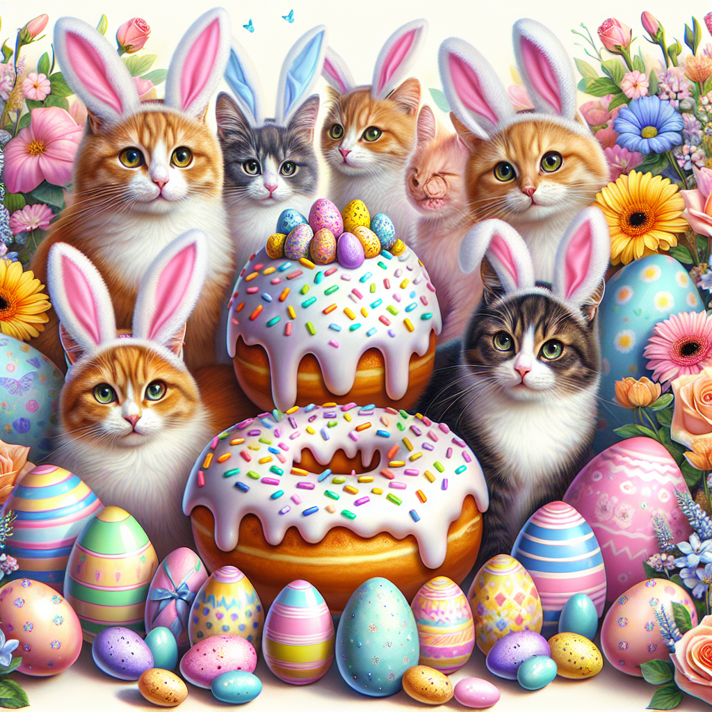 Create an image that portrays the delightful essence of Easter, featuring a group of appealing felines adorned with bunny ears. These cats are comfortably settled amidst a lively splash of pastel-colored eggs and freshly-bloomed flowers that signify the arrival of spring. Occupying a central location within this composition is an enchantingly adorned donut stand, formed to mimic the appearance of an Easter egg. This stand offers an inviting array of donuts, iced in soft pastel colors with an addition of small candy sprinkles, thus embodying the joyous festivities of this season.
Generated with these themes: Cats, Easter, and Donuts.
Made with ❤️ by AI.