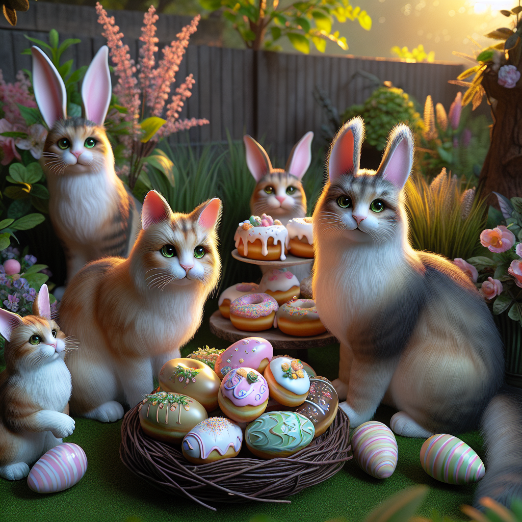 Depict a tranquil backyard scene with the soft glow of morning light enriching the atmosphere. Here, you find realistic cats, adorned with delicate rabbit ears, playfully interacting around a nest brimming with intricately patterned Easter eggs. The central piece of this playful gathering is a buffet of donuts, designed to resemble an Easter basket. Each donut is varied, topped with icing, and boasts Easter-themed decorations, adding an element of sweetness to this charming setup.
Generated with these themes: Cats, Easter, and Donuts.
Made with ❤️ by AI.