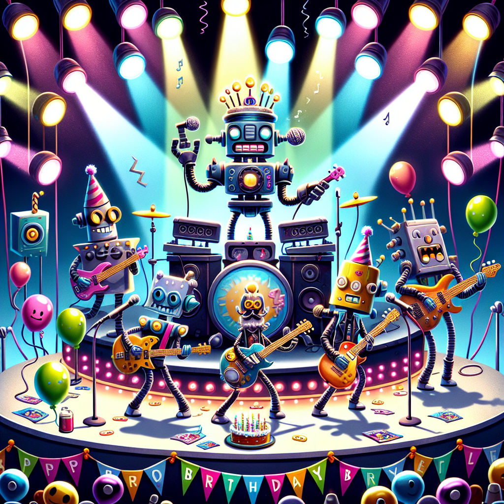 Visualize a playful, cartoon-style concert stage decked out in birthday themed adornments. The air is thick with the rhythmic notes of rock music played by an assemblage of cool, guitar-wielding robots. Each robot has a distinct guitar design, amplifying the stage's uniqueness. Behind them, a charismatic robot wizard serves as a DJ, deftly combining his magic with his music as he mixes alchemical formulas into the tunes. Bright, multicolored strobe lights envelop the stage, creating an illusion of swirling spells. The stage is further accentuated with quirky, oversized bottles of alcohol as part of the backdrop, each wearing a teasing smile. This image is a fun mix of a party atmosphere infused with a fantastical rock and roll touch.
Generated with these themes: Robot, Magic, Guitar, Rock music, Alcohol, and Magic.
Made with ❤️ by AI.