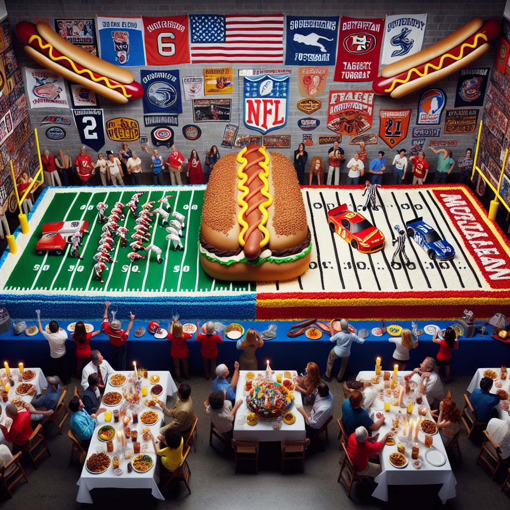Envision a lively birthday party scene with a comical display of sports enthusiasm. The event space is bisected, one side gleaming with memorabilia representing a Formula 1 racing team, the other side honoring two American football teams, with banners and uniforms festooning the walls. A centerpiece of hot dog-shaped balloons serves as a humorous reference to both a popular sitcom and NFL tailgating traditions. The main spectacle is a double-layered cake, half mirroring a football field with a small fictional quarterback making a touchdown, the other half portraying a racetrack with a miniature racing car speeding towards victory. Fans of various affinities mix and engage in friendly banter about their beloved teams and TV episodes.
Generated with these themes: F1, McLaren F1 team, Buffalo Bills, How I Met Your Mother, New Orleans Saints , Hot dogs, NFL, Lando Norris, and Josh Allen.
Made with ❤️ by AI.
