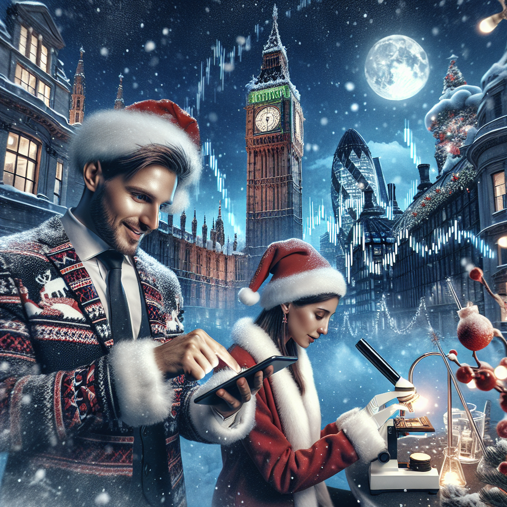 A whimsical Christmas illustration depicts snowy London as the backdrop, with the iconic Big Ben and the London Eye subtly nestled among falling snowflakes. In the foreground, a cheerful male forex trader with white skin and short dark brown hair is dressed in a festive suit, analyzing the stock market on his phone, while a female scientist with white skin and long brown hair, donning a Santa hat, peers through a microscope, surrounded by twinkling Christmas lights.
Generated with these themes: Snowy London, Male forex trader with white skin and short dark brown hair, and Female scientist with white skin and long brown hair.
Made with ❤️ by AI.