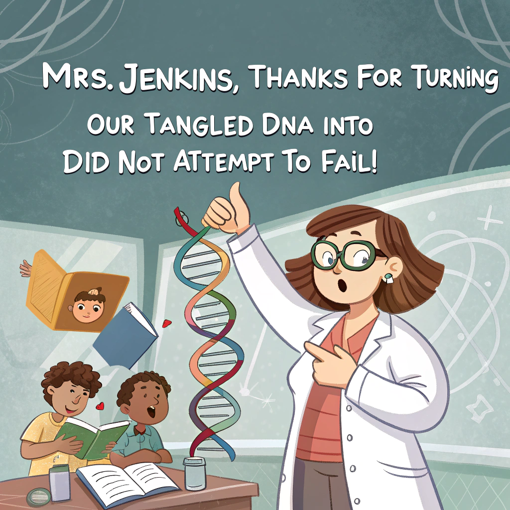 At the top of the image, "Mrs Jenkins, thanks for turning our tangled DNA into 'Did Not Attempt' to fail!"

– In the center of the illustration, show a chaotic double helix made of spaghetti noodles, with cartoon students dangling from the strands holding little textbooks and lab goggles. One is yelling “IS THIS EVEN IN THE SYLLABUS?!” while another tries to tame a wild chromosome with a lasso.

– Include a microscope wearing sunglasses giving a thumbs up, and a whiteboard in the background with the pun: “Pea Plants Walked So We Could Run.”

– Bright, playful color palette, full of nerdy charm and hilarious academic panic turned gratitude.
Generated with these themes: A-Level Biology, Genetics, DNA, and .
Made with ❤️ by AI.