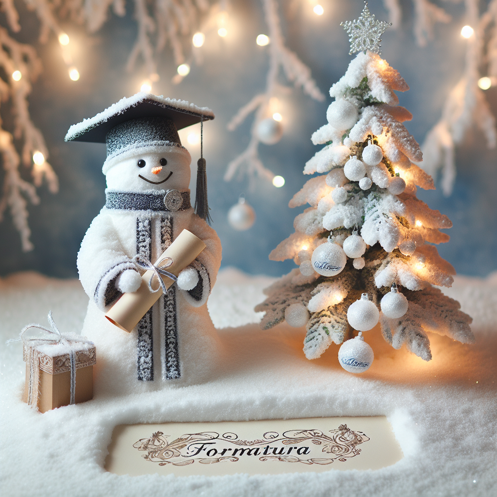 In this charming winter landscape, a snowman dressed in a graduation gown and cap, holding a diploma, stands beside a twinkling Christmas tree. Engraved in the snow below is the word 'Formatura,' and hanging from the tree, a delicate ornament features the name 'Lucas' in elegant script.
Generated with these themes: Formatura.
Made with ❤️ by AI.