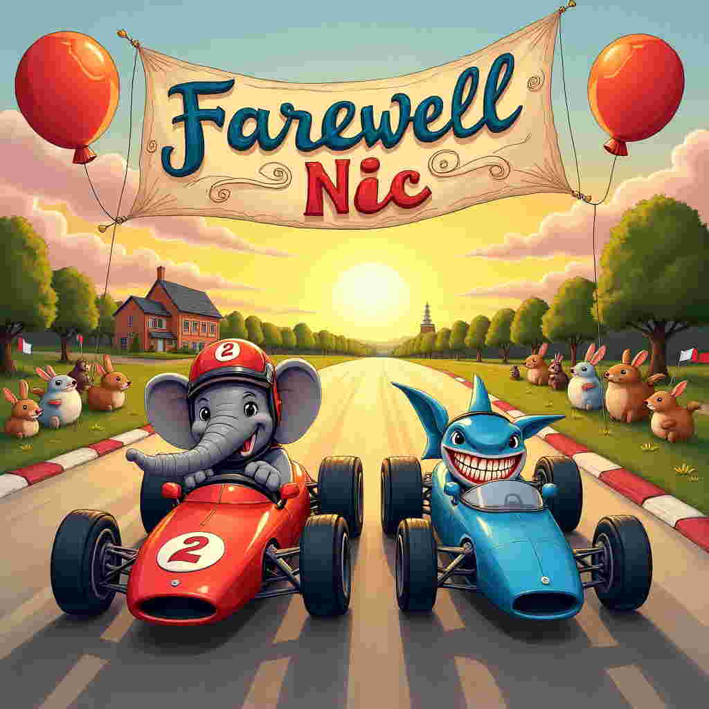 Imagine a bustling racetrack set against the backdrop of a setting sun, casting warm hues of orange, pink, and purple across the sky. The track winds dramatically through a countryside reminiscent of a Norman Rockwell painting, dotted with whimsical cottages and lush green meadows.

In the foreground, two cartoonish characters are at the helm of gleaming F1 racing cars. On the left, a jovial elephant with exaggerated, expressive features maneuvers a vibrant red car, the metallic paint catching the sunlight. The elephant sports a tiny racing helmet perched comically on its massive head, with oversized ears flapping in the wind. 

On the right, a sleek, streamlined shark, humorously drawn with exaggerated, sharp teeth grins widely as it races in a cool, ocean-blue car. Its fin emerges from the roof of the car, and a pair of racing goggles sit atop its pointed snout. The wheels of both cars spin rapidly, leaving behind clouds of dust illustrated in intricate swirls akin to an Edward Gorey style.

Above the track, a whimsical banner suspended between two comically oversized balloons spells out "Farewell Nic" in playful, hand-lettered script, the letters composed of vibrant, celebratory colors: bright yellow, electric blue, and a splash of magenta.

To the side, in a small patch of grass, stands a charming audience of animals, reminiscent of Beatrix Potter’s detailed and endearing characters. Rabbits, hedgehogs, and birds, all wearing tiny hats and holding flags, cheer animatedly. In the distance, rows of trees drawn with Arthur Rackham’s signature intricate line work frame the scene, adding depth and texture.

The overall illustration combines a sense of dynamic movement with whimsical, detailed elements, creating a memorable farewell scene full of life and color.
Generated with these themes: Cartoon elephant and shark driving F1 racing cars.
Made with ❤️ by AI.