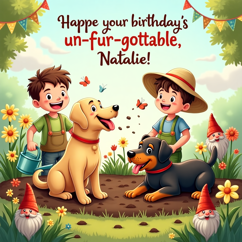 Rottweiler, Yellow Labrador retriever , 2 young boys, and Gardening Birthday Card