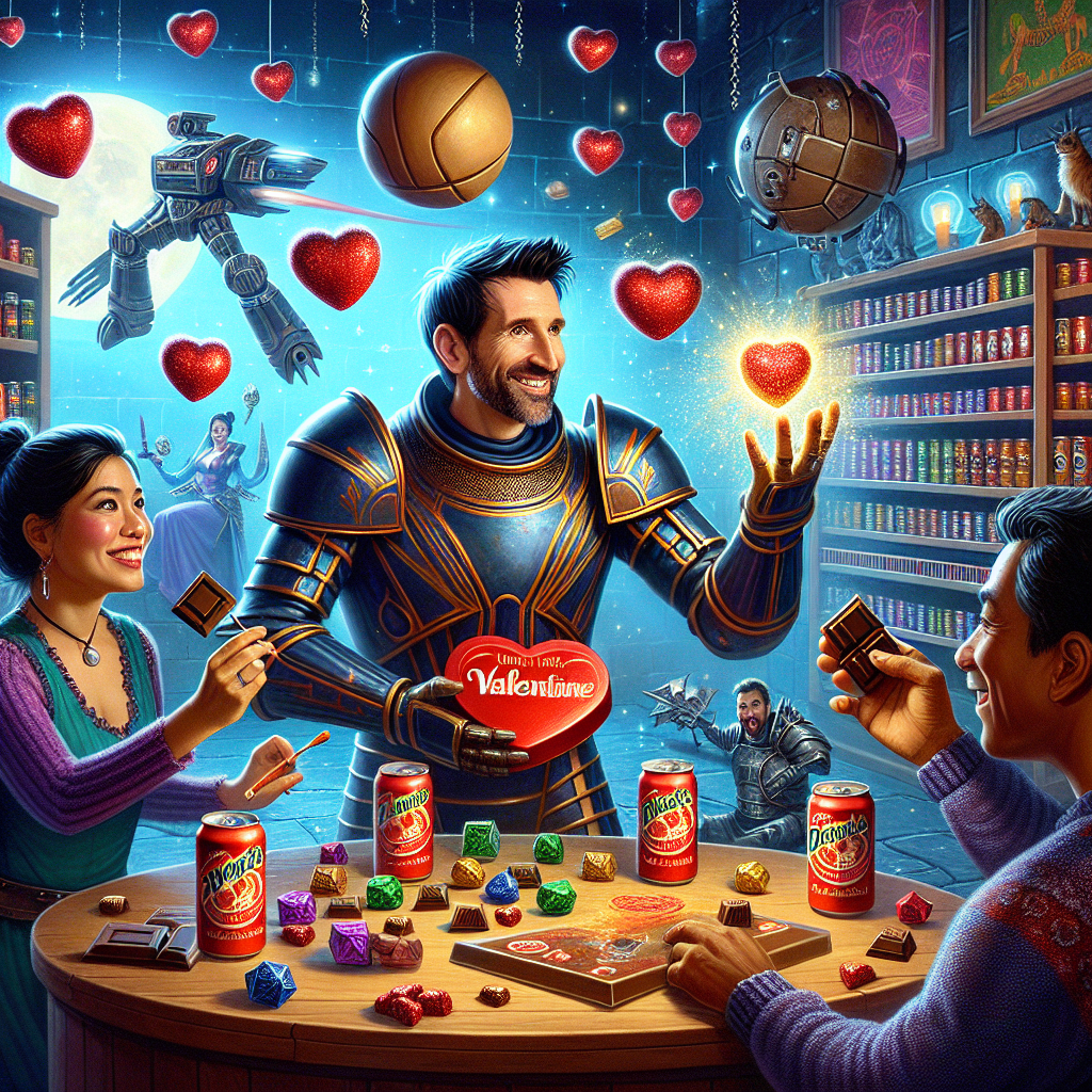 Celebrating Valentine's Day, this vibrant scene merges romance with an appreciation for games and escapades. Central to a magical dungeon, a character inspired by a popular British sci-fi series holds a piece of chocolate, dodging small enchanted footballs that twinkle with sparkles. Dungeon walls showcase shelves packed with cans of energizing beverages and age-old relics, hinting at a mix of dynamism and archaeology. At his feet, a charismatic couple in full armor - a Hispanic woman and a South Asian man - play a game resembling a well-known tabletop RPG, their mirth and camaraderie resonating throughout.
Generated with these themes: Football, Dr Who, Chocolate, Energy drinks, Dungeon and Dragons, and Archaeology .
Made with ❤️ by AI.