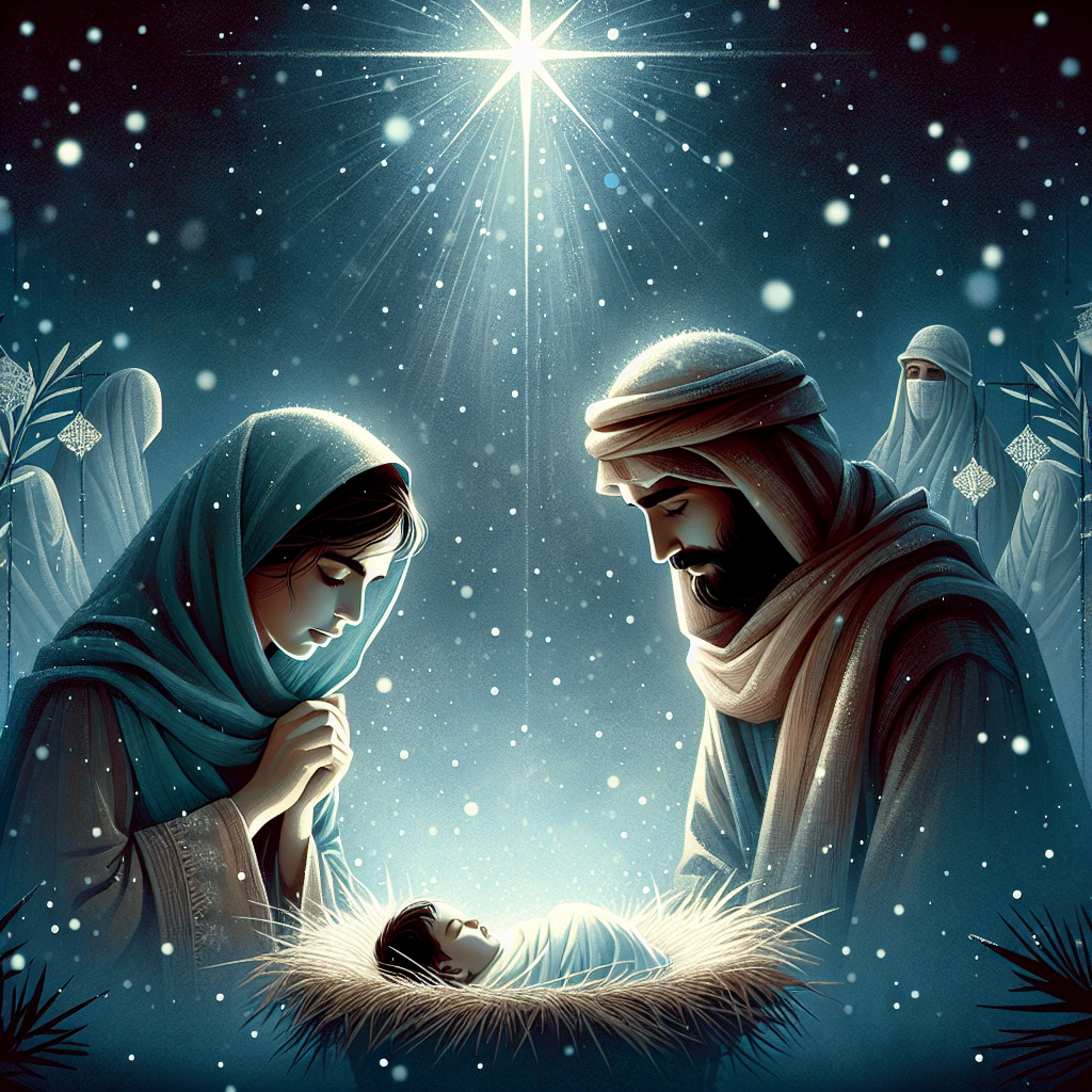 A heartwarming Christmas-themed illustration showcasing the holy family on a silent, snowy night. In the center, Baby Jesus lies in a modest manger, his face aglow with a soft, divine light. Mary and Joseph stand close by, their expressions full of love and wonder. Delicate snowflakes drift down from the heavens, blanketing the scene with a serene sense of peace. A twinkling star casts a celestial glow above, guiding onlookers' eyes to the tender moment.
Generated with these themes: Jesus, family.
Made with ❤️ by AI.
