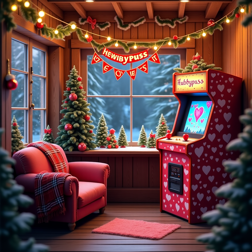 Imagine a cozy, snow-covered arcade nestled in a quaint village, where twinkling Christmas lights drape across the eaves like glistening icicles. Inside, the warm glow of retro arcade machines creates a kaleidoscope of colors on the polished wooden floors. In the center of this festive arcade, a vintage arcade machine stands, uniquely customized with a romantic twist: its façade is adorned with vibrant red and pink heart motifs, reminiscent of Valentine's Day. The screen displays a classic pixelated game where a cupid avatar shoots arrows to pop heart-shaped balloons. Next to the machine, a plush loveseat for two is crafted from deep red velvet, with a plaid blanket casually draped over it, inviting couples to snuggle up. Above this whimsical scene, a string of red and white bunting is strung across the room, each flag printed with letters that together spell out "Hubbypuss" in a playful font. The arcade is filled with miniature Christmas trees decorated with heart-shaped ornaments, while mistletoe hangs from the ceiling in unexpected corners. In the background, through frosted windows, you can see soft snowflakes dancing down from the night sky, adding to the enchantment of this unique Christmas-Valentine love arcade.
Generated with these themes: Valentines , Love, and Arcade machine .
Made with ❤️ by AI.