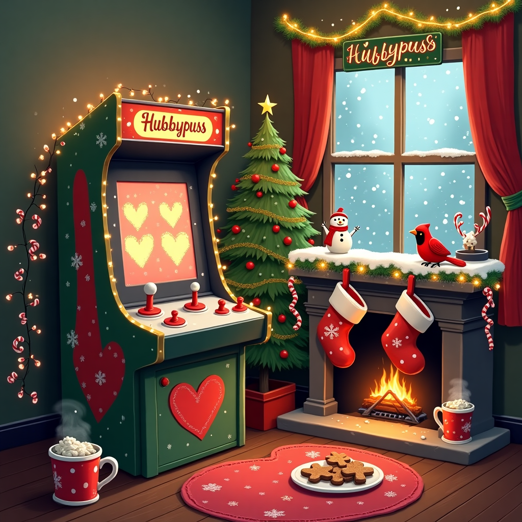 In this whimsical Christmas-themed greeting card, imagine a cozy, warmly lit corner of a living room that feels like a nostalgic arcade parlor, blending the spirit of Christmas with the essence of Valentine's Day. At the heart of the scene stands a vintage arcade machine adorned with twinkling Christmas lights, its screen displaying pixelated hearts and mistletoe, hinting at a romantic, holiday-themed game. The machine itself is painted in classic red and green, with snowflakes and candy canes swirling along its sides. Beside the arcade machine, a small Christmas tree is decked with tiny heart-shaped ornaments and garlands of popcorn and cranberries, symbolizing the fusion of love and festivity. On a nearby table, a plate of gingerbread cookies shaped like hearts and joysticks rests beside two steaming mugs of cocoa topped with whipped cream and a sprinkle of cinnamon. The room is filled with festive decorations, including stockings hanging from a mantle with a cheerful snowman and reindeer motif. Above the fireplace, the recipient's name "Hubbypuss" is spelled out in candy cane-striped letters, hanging from a string of blinking heart-shaped lights, serving as a personalized banner. In the background, a frosty window reveals a gentle snowfall outside, with a pair of red cardinals perched on a nearby snow-laden branch, adding to the seasonal charm.
Generated with these themes: Valentines , Love, and Arcade machine .
Made with ❤️ by AI.