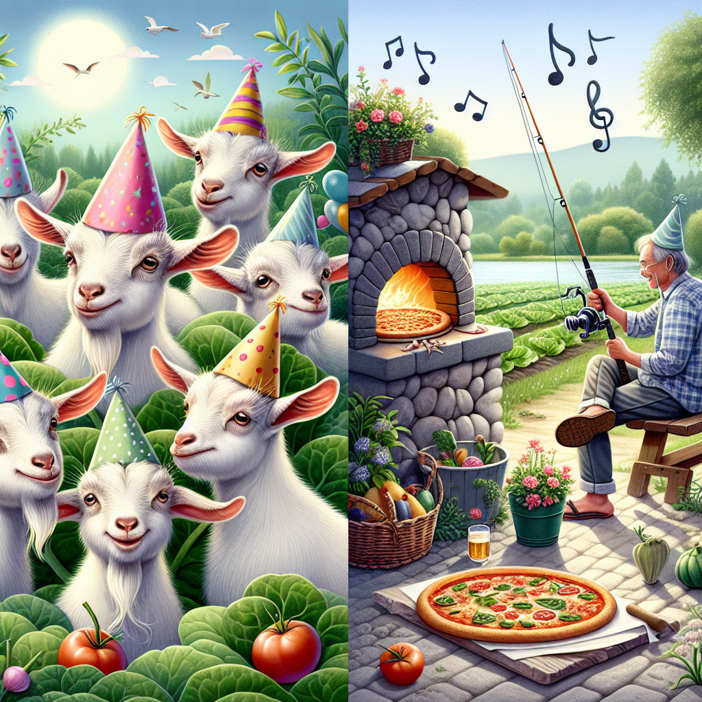 A delightful scene for a birthday card design involving a collection of goats donned in party hats, cheekily gnawing at the edges of a lush vegetable patch. Adjacent to this spirited scene, an Asian male sits blissfully on a garden bench, a fishing rod gripped in his hand, immersing himself in the serene surroundings. Not too far, a stone oven is working its magic, baking a heart-shaped pizza that foreshadows the comfort and love this card intends to spread. Musical notes, representing a tune harmonious and soft, hover in the air, contributing to the blissful and festive ambiance of the scenario.
Generated with these themes: Fishing , Gardening, Goats, Pizza, and The beatles.
Made with ❤️ by AI.
