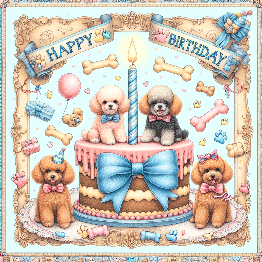 Create an endearing image with the central focus being a birthday celebration themed around miniature poodle puppies. The backdrop of the image should be a giant, bone-shaped cake adorned with a single candle. Have the puppies wear miniature bowties and tutus, their colors corresponding to a soft, celebratory palette. The border of this visual narrative should be ornately augmented with patterns of paw prints and doggy treats, enhancing its charm. The top portion of the drawing should feature a festively decorated banner heralding 'Happy Birthday' in a whimsical font with interspersed illustrations of party hats and ribbons setting a cheery ambiance.
Generated with these themes: Poodle dogs .
Made with ❤️ by AI.
