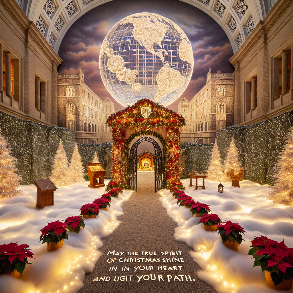 The grand entrance to Newcastle University is transformed into a festive scene, replete with realistic faux snow blanketing the grounds. Following the principles of landscape architecture, a path flanked by poinsettias and twinkling fairy lights leads to a quaint nativity display. The centrepiece is a beautifully crafted globe with the university's architecture etched onto it, symbolizing unity and peace. Above this heartwarming scene, hanging from a tasteful wrought-iron arch, is the message 'May the true spirit of Christmas shine in your heart and light your path.', encapsulating the joy of the holiday season.
Generated with these themes: Newcastle university,landscape architecture.
Made with ❤️ by AI.