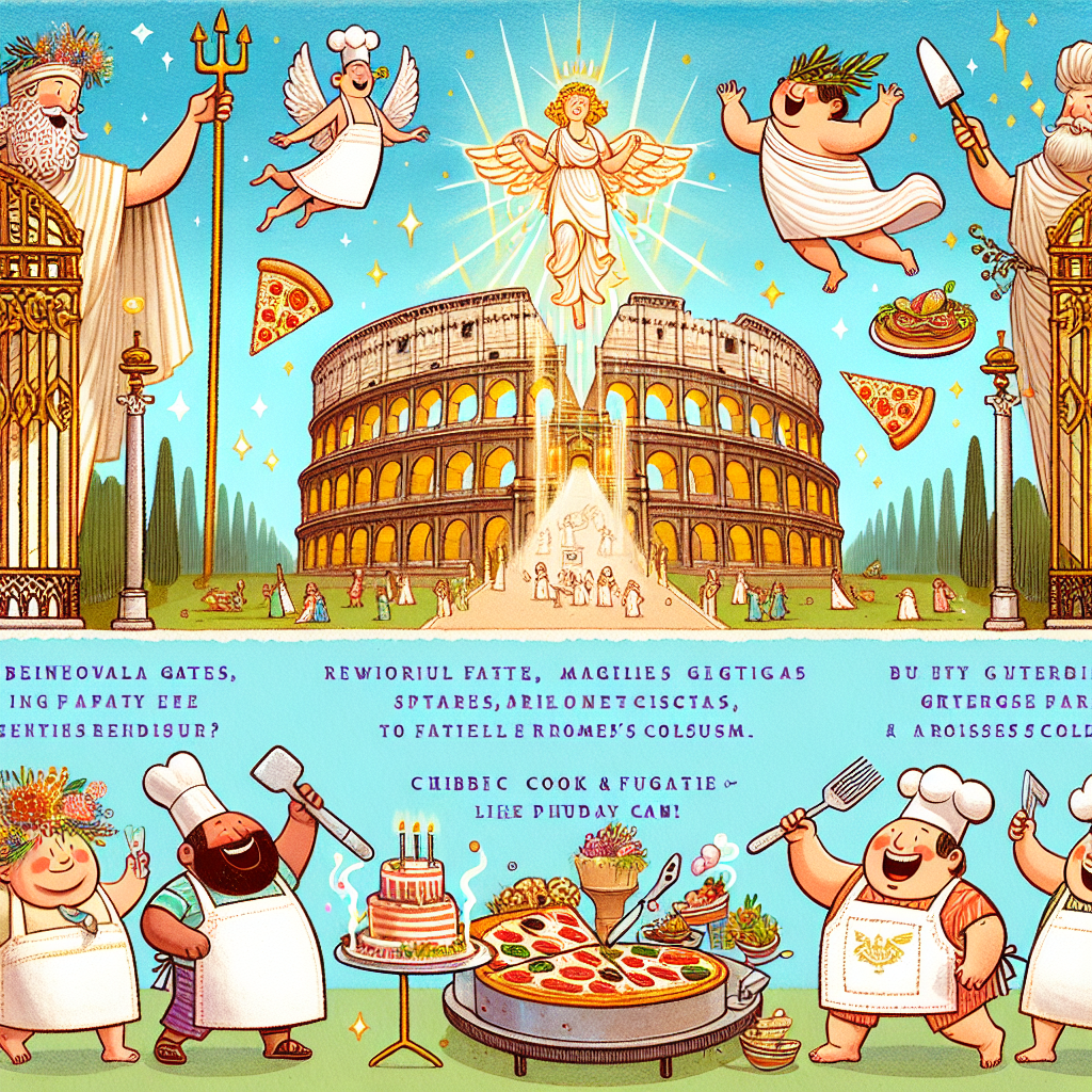 A whimsical cartoon event invitation illustrates a benevolent figure, akin to a religious gatekeeper, hosting an outdoor feast next to majestic glistening gates, creatively refashioned to look like Rome's Colosseum. Ethereal cooks, adorned in toga aprons, flutter about, grilling divine pizza and pasta dishes. Chubby, cherubic characters, radiating joy, dance and laugh around a birthday cake designed like a renowned religious institution, capped off with a comically outsized religious headgear as the cherry on top.
Generated with these themes: Catholicism , Rome, and Cooking.
Made with ❤️ by AI.