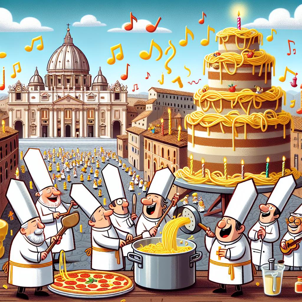 In a playful cartoon birthday scene, the backdrop presents a skyline resembling ancient Rome, with an iconic basilica whimsically transforming into a giant birthday cake. Several animated characters, akin to bishops and priests, wearing chef hats and aprons, joyously stir pots and flip pizzas. In the foreground, a comical cartoon character, embodying the birthday individual, is dressed in a Centurion's helmet, being serenaded by a choir of nun-like figures holding musical notes crafted from pasta.
Generated with these themes: Catholicism , Rome, and Cooking.
Made with ❤️ by AI.
