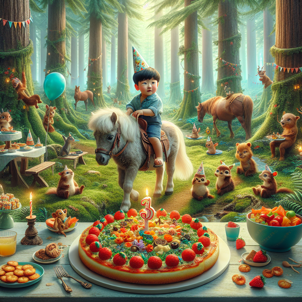 Create a heartwarming image of a birthday celebration in the wild. In this vivid scene, there is an Asian baby boy with a tiny party hat taking charge of a gentle pony amidst the towering trees of a calming forest. A group of whimsical woodland creatures busily prepare a party table nearby. These creatures bring an extra touch of enchantment to the setting. On the table, sitting as the centerpiece, is a unique pizza adorned with an array of toppings that playfully resemble the decorations on a traditional birthday cake.
Generated with these themes: Pony, Baby boy, New forest, and Pizza.
Made with ❤️ by AI.