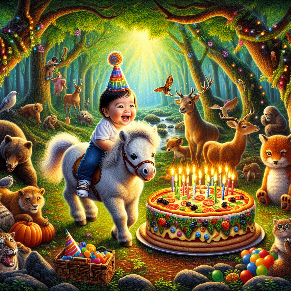 Create a vibrant, birthday-themed scene filled with fauna native to a budding woodland. The centerpiece of the painting is a lovable infant of Hispanic descent wearing a colorful party hat, jubilantly riding an affable pony under the forest canopy. The woods teem with curious animals of varying species gathered to partake in the festivities. The setting gushes with energy, and in the foreground, a captivating picnic area beckons attention. It's adorned with a large, luminous cake designed like a pizza, garnished with radiant birthday candles just waiting to be extinguished.
Generated with these themes: Pony, Baby boy, New forest, and Pizza.
Made with ❤️ by AI.