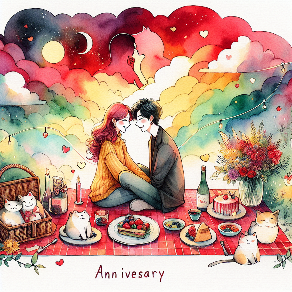 An adorable anniversary illustration which encapsulates love in a cozy picnic setting. The main element of the illustration is a pair of individuals in the center, immersed into their affectionate bond, laughing and enjoying their time on a vibrant picnic spread. The ambiance is saturated with an assorted watercolor palette of passionate red, bold yellow, and soothing green shades, representing different moods of this love story. Cute feline sketches are spread across the setting, adding a playful touch. Additionally, the clouds take up a feminine silhouette shape in the heavens, evoking a sense of mystery and fantasy. The overall image is both personal and heartwarming.
Generated with these themes: Taylor swift.
Made with ❤️ by AI.