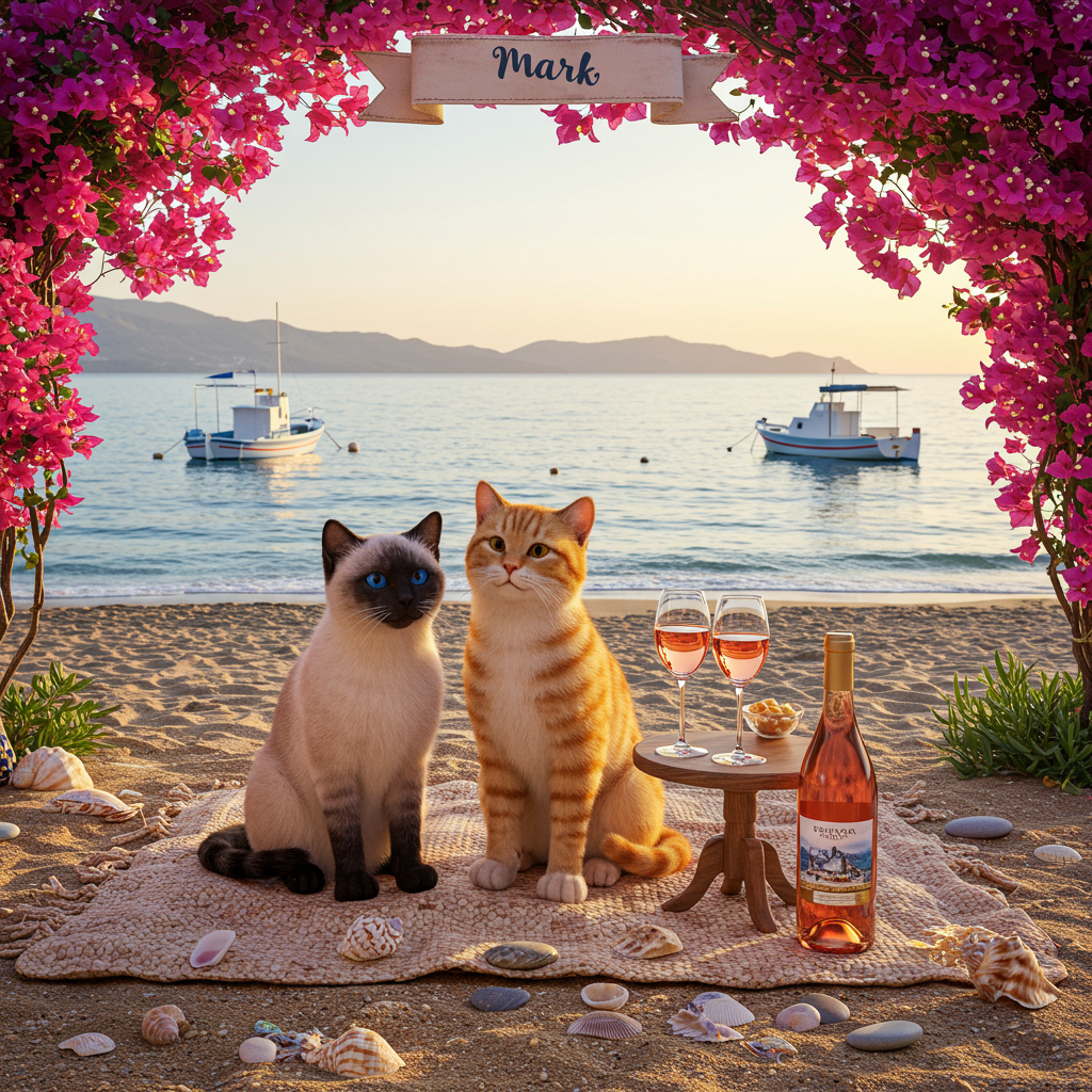 Front and center, a sun-kissed beach in Crete, Greece stretches across the greeting card's cover. The soft, golden sand blends into the turquoise waves gently kissing the shore. On the left side, two lifelike, realistic cats sit closely on a cozy, woven beach blanket. One cat is a sleek Siamese with shimmering blue eyes and a curious expression, while the other is a plush orange tabby, its stripes rich and vivid under the sunlight.

Between them, a small round table holds two elegant wine glasses, half-filled with a sparkling rosé that captures the sunlight. The reflections of the sky and ocean dance on the glass surfaces. Resting next to the wine glasses, a bottle of wine with a label featuring a Cretan vineyard subtly adds authenticity.

In the background, the tranquil Aegean Sea stretches out toward the horizon. A few traditional white and blue fishing boats bob gently on the water. The clear sky is painted with warm hues of orange and pink as the sun begins to set, casting a golden glow over the scene.

Above the cats, an intricate arch of vibrant bougainvillea flowers frames the top of the card. Their rich magenta petals stand out against the azure sky. A small banner interwoven among the flowers displays the name "Mark" in elegant, handwritten lettering.

To complete the scene, a scattering of colorful seashells and smooth, round pebbles lie casually on the sand around the cats, adding a touch of whimsy and realism to this birthday-themed tableau.
Generated with these themes: 2 cats in love drinking wine in Crete, Greece on the beach.
Made with ❤️ by AI.