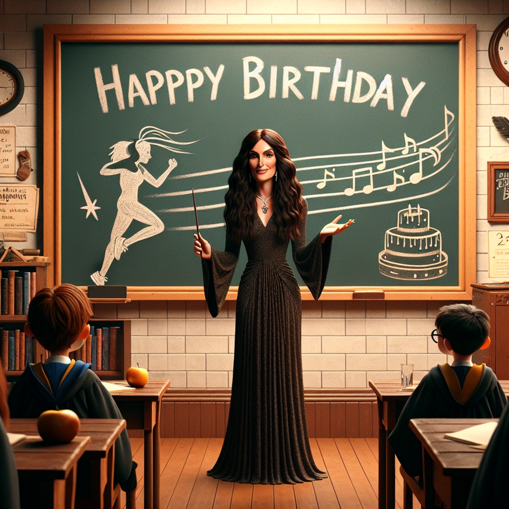 Visualize a classroom scene where a brunette woman, dressed as a wizarding school professor, instructs young wizards about the endurance needed for marathons. She resembles a popular contemporary singer, showcasing a long flowing dress and inspiring confidence. The chalkboard at the front displays 'Happy Birthday' in bold letters, adorned with drawings of running shoes and round glasses. A cozy corner of the room is set up for a birthday celebration, with a cake decorated with musical notes and a silhouette of a female runner, evidently reminiscent of the professor, atop it.
Generated with these themes: Taylor swift , Running marathons, Teaching, and Harry Potter .
Made with ❤️ by AI.