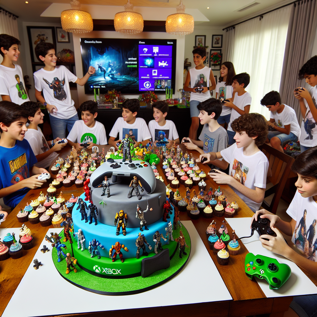 A gaming-themed birthday party is in full swing for a 12-year-old boy who is passionate about Xbox. The room pulsates with energy. Dominating the table is a creatively engineered cake, echoing the design of an Xbox controller, gloriously surrounded by cupcakes which are adorned with miniature figures from various games. The guests, proudly wearing T-shirts showcasing their best-loved Xbox games, are engrossed in friendly matches on screens scattered around the room. The room echoes with the sound of shared laughter and amiable competitiveness. There are kids of various descents: Black, Hispanic, Caucasian, South Asian, and Middle Eastern, enjoying the party equally.
Generated with these themes: 12, Boy, Gaming, and Xbox.
Made with ❤️ by AI.