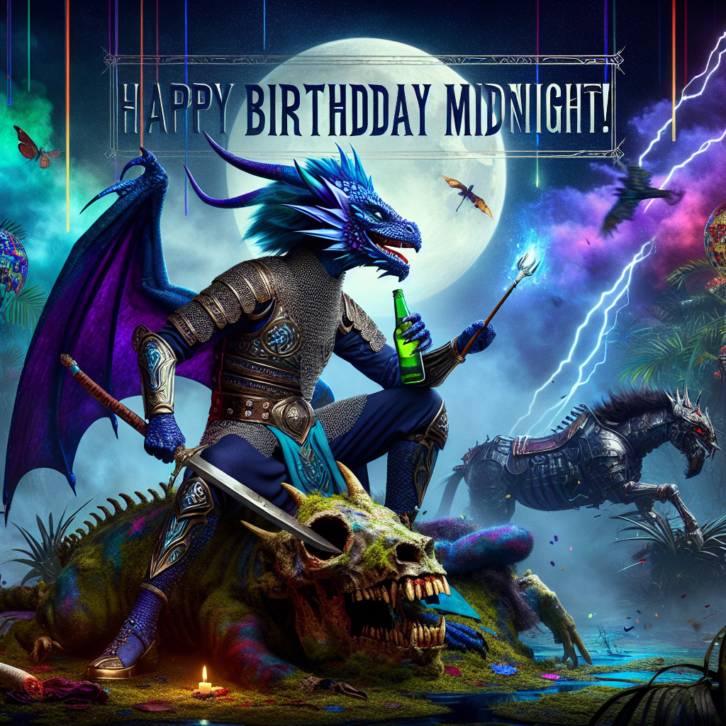 A South Asian female dragon-human hybrid is the centerpiece of the surreal and hyper-realistic birthday setting. Her impressive blue and purple scales blend seamlessly into the dark backdrop, and her chainmail armor shines ominously. Demonstrating casual elegance, she enjoys her beer atop a decomposed zombie unicorn, challenging nature's norms. The surroundings are intensified by a myriad of colors with a rainbow punctuating the gloomy, fantasy sky, amplified by the glint of lightning arcs. A gleaming battle axe in her control stands as a symbol of power and defense. Suspended in the sky above her, the statement 'Happy Birthday Midnight!' appears in a ghostly, otherworldly font.
Generated with these themes: Female dragon humanoid with blue and purple scales, Wearing chainmail armour, Drinking beer, Riding a zombie unicorn, Rainbow, Lightning, Dark fantasy, Wielding a battle axe, and "Happy Birthday Midnight!".
Made with ❤️ by AI.