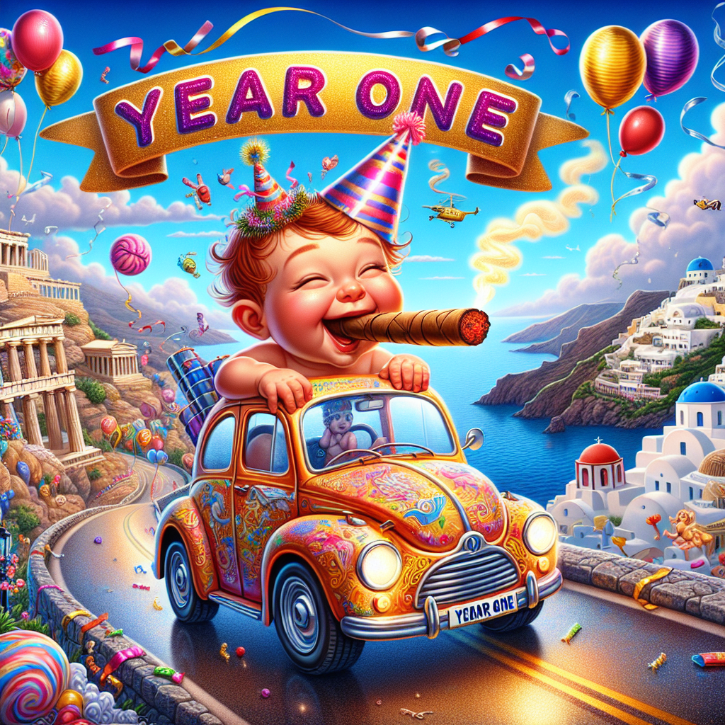 A first birthday celebration depicted in a vibrant, cartoon-style illustration that reads 'Year One' on a gleaming banner. The enchanting background presents a fanciful road trip across Greece, showcasing iconic landmarks such as the stately Parthenon and the stunning blue domes of Santorini. A family car, embellished with festive balloons and streamers, joyously zooms along the road, trailing sounds of merriment. On top of the car, a lovable caricature of a baby, humorously portrayed with an oversized, unlit cigar, along with a misaligned party hat, delighting in the occasion of the first year since 2023.
Generated with these themes: Year one, Since 2023, Road trip, Greece, and Cigar.
Made with ❤️ by AI.