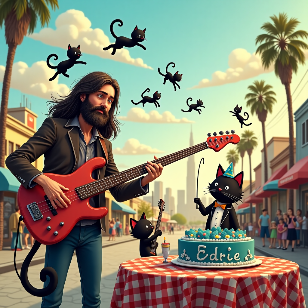 In the whimsical streets of Los Angeles, under a sky painted with the gentle hues of a setting sun, stands an enchanting birthday tableau, bursting with vibrant eccentricity. On a palm-lined boulevard, a long-haired man with a beard, reminiscent of a bohemian rock star, strums a sleek, cherry-red bass guitar that hums with rhythm. His fingers dance across the strings, sending musical notes into the air, where they magically morph into playful black cats, each one prancing and pirouetting mid-air, tails curled like musical notes themselves. These feline figures, adorned with tiny golden crowns, leap from note to note, creating a surreal symphony in motion. 

In the background, the iconic silhouette of the Los Angeles skyline stands proud, but with a twist; the skyscrapers are whimsically altered, their windows shaped like musical clefs and notes, giving them an orchestral character. Above, fluffy clouds part to reveal a skywriting surprise — "Happy Birthday, Eddie!" — each letter sculpted from fluffy white clouds, elegantly drifting against the pastel sky.

Near the bustling sidewalk, a small outdoor café hosts a birthday party. The tables, covered in checkered tablecloths, bear cakes and balloons. The largest cake, a tiered confection of blue and silver, bears Eddie's name in frosting, while a bass guitar shaped candle stands proudly atop it. Cartoonish figures reminiscent of the Peanuts and Calvin and Hobbes, guests of all ages, gather around, clinking glasses and clapping along to the rhythmic tune. One particularly whimsical guest, a tuxedo-clad black cat with a tiny top hat, is at the center, playing a miniature bass guitar with nimble paws, serenading Eddie with a jazzy birthday riff.

This lively and surreal scene captures the essence of a quirky birthday celebration, blending the magical elements of music, cats, and a vibrant cityscape, all in honor of Eddie.
Generated with these themes: Black cats, Los Angeles, music, bass guitar, long haired man with beard.
Made with ❤️ by AI.