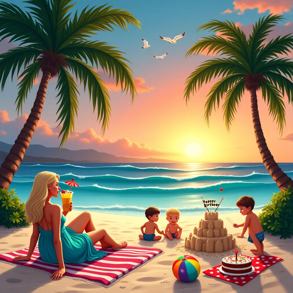 A beautiful beach in Maui Hawaii, In the far distance two little boys play on the sand, A blonde 40 year old sits under palm tree  , and She is sipping on a pina colada Birthday Card