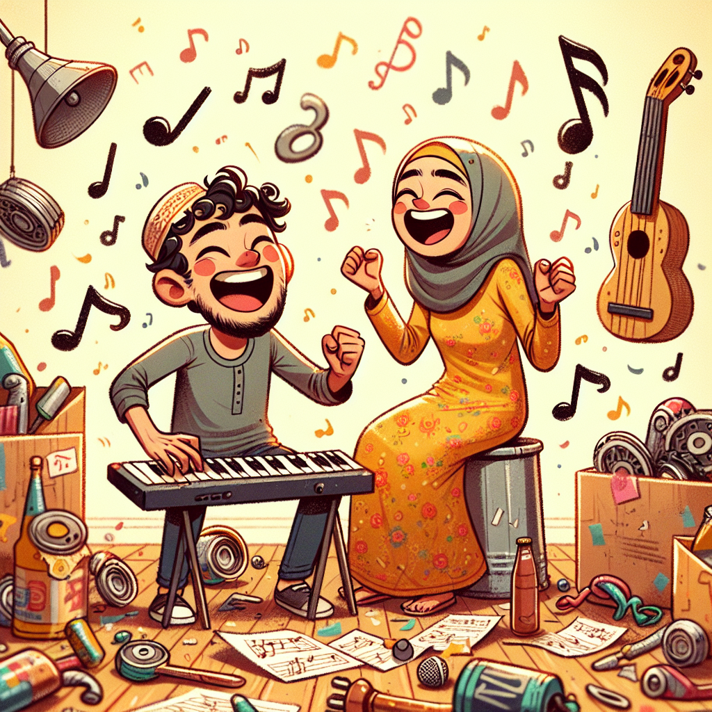 Illustrate a warm, cheerful workshop filled with laughter where an animated Middle Eastern male and a South Asian female are celebrating their anniversary. Depict them humorously making musical instruments out of scrap materials, surrounded by the music notes from their playful melody. Show their comical mishaps and unique creations causing guffaws, emphasizing the creative and harmonious energy that binds their romantic and playful bond.
Generated with these themes: Music, and DIY.
Made with ❤️ by AI.