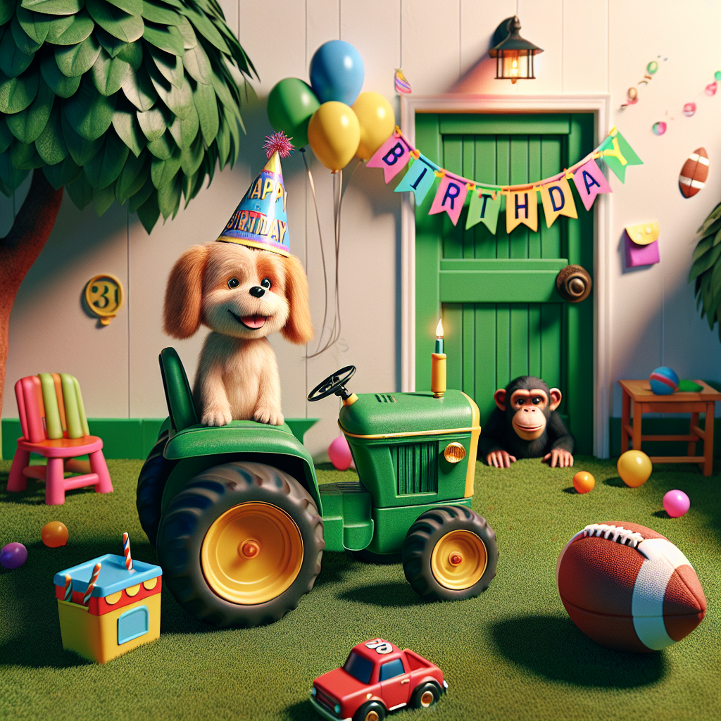 Generate a playful, cute, and vivid illustration that fits a birthday theme. The centerpiece is a cheerful dog of indeterminate breed, sitting proudly atop a vibrant green tractor, its head perched high, wearing a party hat that's filled with assorted colors. Near the tractor, on the ground, a football and a miniature car are arranged playfully, casting their shadows subtly on the grassy terrain. Not far off, a festively decorated door awaits the attendees of this backyard birthday bash. A birthday banner, brimming with colors, sways gently on the door, tucked in-between its trim and a door knocker. Making the scenery even more engaging, a curious chimpanzee peeks out from behind the door, carefully clutching a balloon in its hand. This festive scene is both endearing and fun.
Generated with these themes: Tractor , Dog , Football , Car, Door, and  Chimpanzee.
Made with ❤️ by AI.