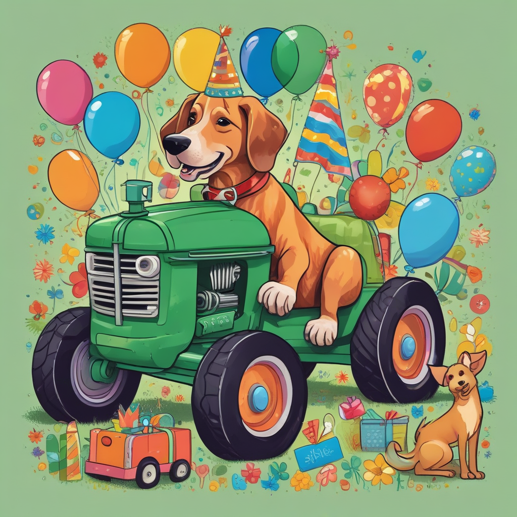 Illustration Cute, Generate a playful, cute, and vivid illustration that fits a birthday theme. The centerpiece is a cheerful dog of indeterminate breed, sitting proudly atop a vibrant green tractor, its head perched high, wearing a party hat that's filled with assorted colors. Near the tractor, on the ground, a football and a miniature car are arranged playfully, casting their shadows subtly on the grassy terrain. Not far off, a festively decorated door awaits the attendees of this backyard birthday bash. A birthday banner, brimming with colors, sways gently on the door, tucked in-between its trim and a door knocker. Making the scenery even more engaging, a curious chimpanzee peeks out from behind the door, carefully clutching a balloon in its hand. This festive scene is both endearing and fun.
Generated with these themes: Tractor , Dog , Football , Car, Door, and  Chimpanzee.
Made with ❤️ by AI.