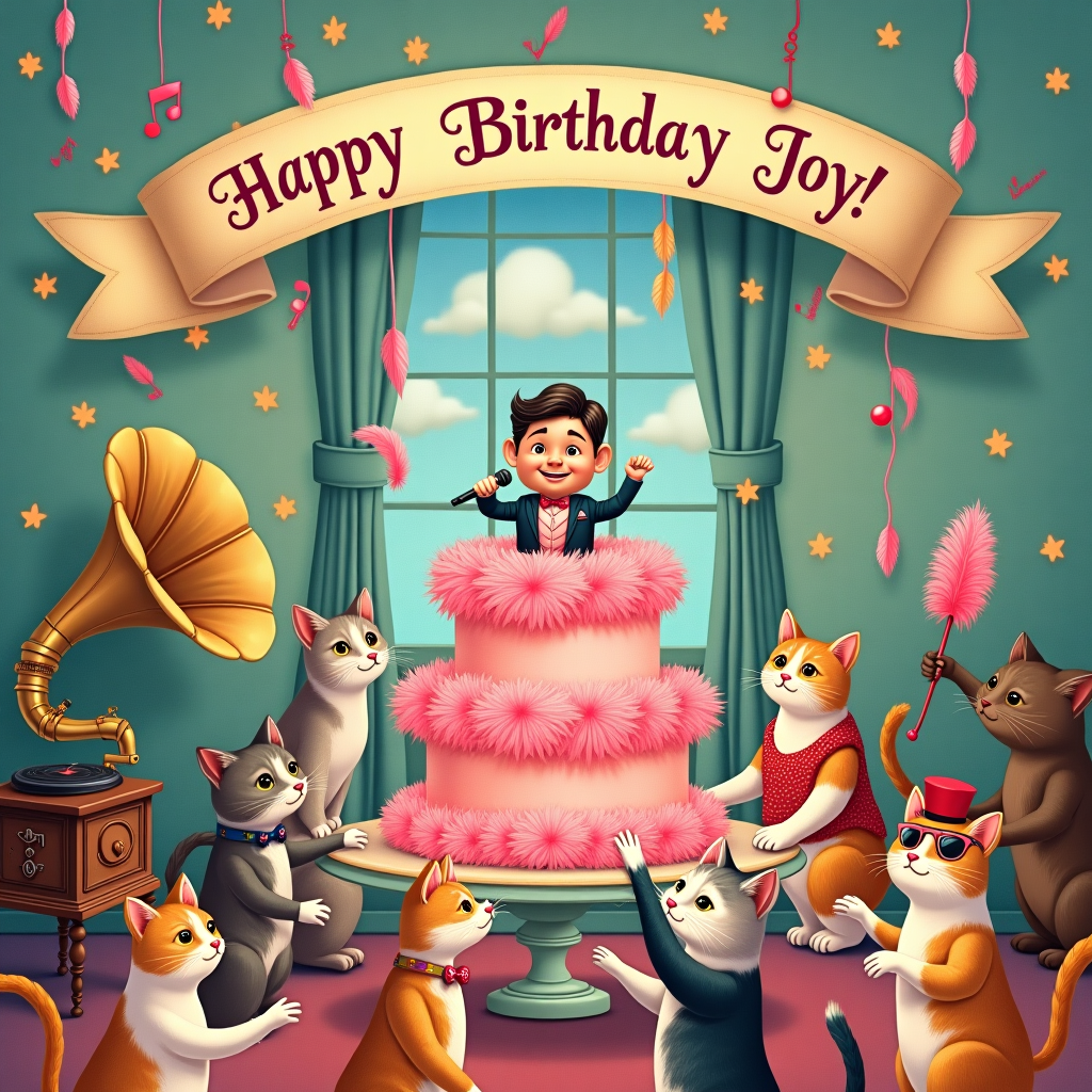 In a whimsical birthday card illustration, picture a bustling scene in a fantastical room, teeming with charm and humor. The room is adorned with pastel wallpaper featuring faint musical notes, a nod to Barry Manilow's iconic tunes. In the center of this room, a large, ornately decorated birthday cake takes pride of place on a vintage table. This cake is a towering confection, adorned with bright pink frosting and an abundance of delicate pink feathers that gently cascade down its layers like a theatrical boa. Perched atop the cake is a miniature, fondant replica of Barry Manilow himself, crooning with a tiny microphone in hand. 

Surrounding the cake, an ensemble of charismatic cats are engaged in a lively birthday celebration. Each cat is adorned with its own unique costume—one sports a sequined vest and bow tie, another dons a feathered hat reminiscent of a Vegas showgirl, and yet another cat balances a pair of oversized sunglasses on its snout. These whimsical felines are playfully pawing at feathered decorations and batting at streamers that dangle from the ceiling. 

Above this joyful chaos, a grand banner arcs across the room, with "Happy Birthday Joy!" written in elegant script. The letters are intricately intertwined with musical notes and playful paw prints, ensuring the recipient's name is central to the celebration. To the left, an antique gramophone serenades the room with Manilow's greatest hits, its horn draped with a garland of pink feathers. In the background, a large window reveals a twilight sky, where a few fluffy clouds subtly spell out "Joy" amidst a sprinkling of twinkling stars. This scene, rich in detail and humor, captures the playful spirit of a Barry Manilow and cat-infused birthday celebration.
Generated with these themes: Barry manilow, Cats, Birthday cake, and Pink feathers.
Made with ❤️ by AI.