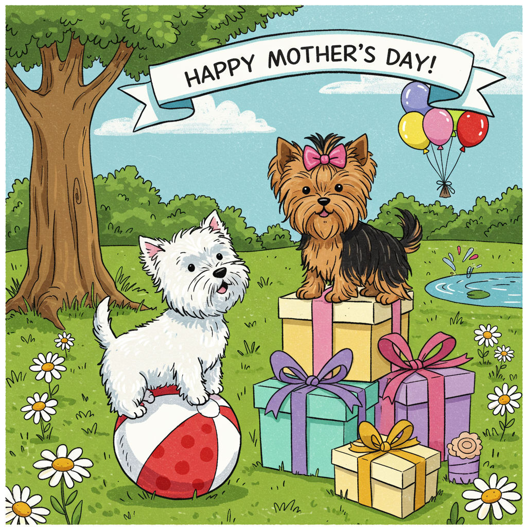 The scene depicts a vibrant, cartoonish illustration featuring a Westiepoo and a Yorkshire Terrier in the center of the card. The Westiepoo is a fluffy bundle of white, its exaggeratedly large ears perked up like satellite dishes, and its eyes are wide open, filled with curiosity. It stands on its hind legs, balancing on a comically oversized, bright red beach ball with polka dots, wobbling precariously. 

Next to the Westiepoo, the Yorkshire Terrier has a silky, long coat illustrated in shades of golden brown and black, with an enormous pink bow on top of its head. It is perched atop a towering stack of Mother's Day gift boxes, each decorated in bold pastel colors like lavender, mint green, and sunny yellow. The boxes are adorned with oversized, exaggerated bows and ribbons.

The background is a sunny park scene, evoking a sense of warmth and playfulness. Cartoon-style daisies with oversized white petals and bright yellow centers dot the lush green grass. A whimsical tree, with a thick trunk and swirling, curly branches, provides a partial frame for the scene on the left. In the distance, a small cartoonish pond sparkles with animated splashes and ripples, and a row of colorful balloons floats into the sky, each balloon drawn with a different pattern—stripes, polka dots, and stars.

Above the dogs, a stylized banner, reminiscent of comic book speech bubbles, curves across the sky. The banner is a vibrant, sky blue with bold, white outlined lettering that playfully reads, "Happy Mother's Day!" The entire scene bursts with energy and color, inspired by the playful style of Bill Watterson and the exaggerated charm of Charles Schulz.
Generated with these themes: a westiepoo and yorkshire terrier doing something silly.
Made with ❤️ by AI.