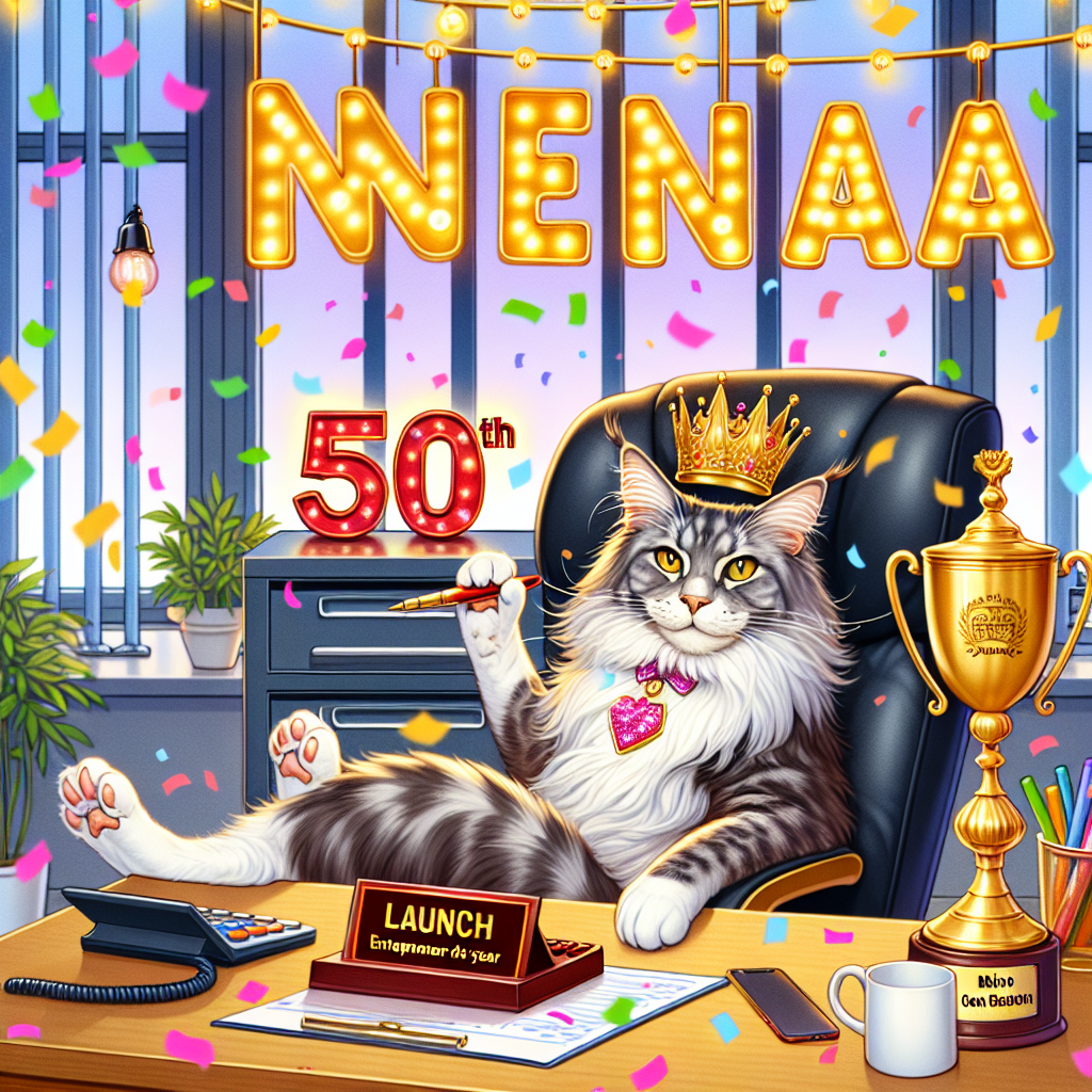 Create a delightful illustration showing a Maine Coon cat comfortably seated on a plush executive chair which proudly displays a gold monogram of 'Nena'. This setting occurs in an office which has been transformed into a party room, celebrating a 50th birthday milestone. A sparkling trophy bearing the title 'Entrepreneur of the Year' sits beside the cat, adding to the festive mood. Above, floating colorful confetti fills the air. The cat's paw is poised above a red 'Launch' button on a humorously oversized calculator, suggesting the commencement of a new business endeavor and the start of another year. Meanwhile, a jubilant 'Happy 50th, Nena!' can be seen in vibrant neon cursive lights hanging on the wall behind this feline entrepreneur.
Generated with these themes: Entrepreneur , Maine coon cats, 50th, and "Nena".
Made with ❤️ by AI.