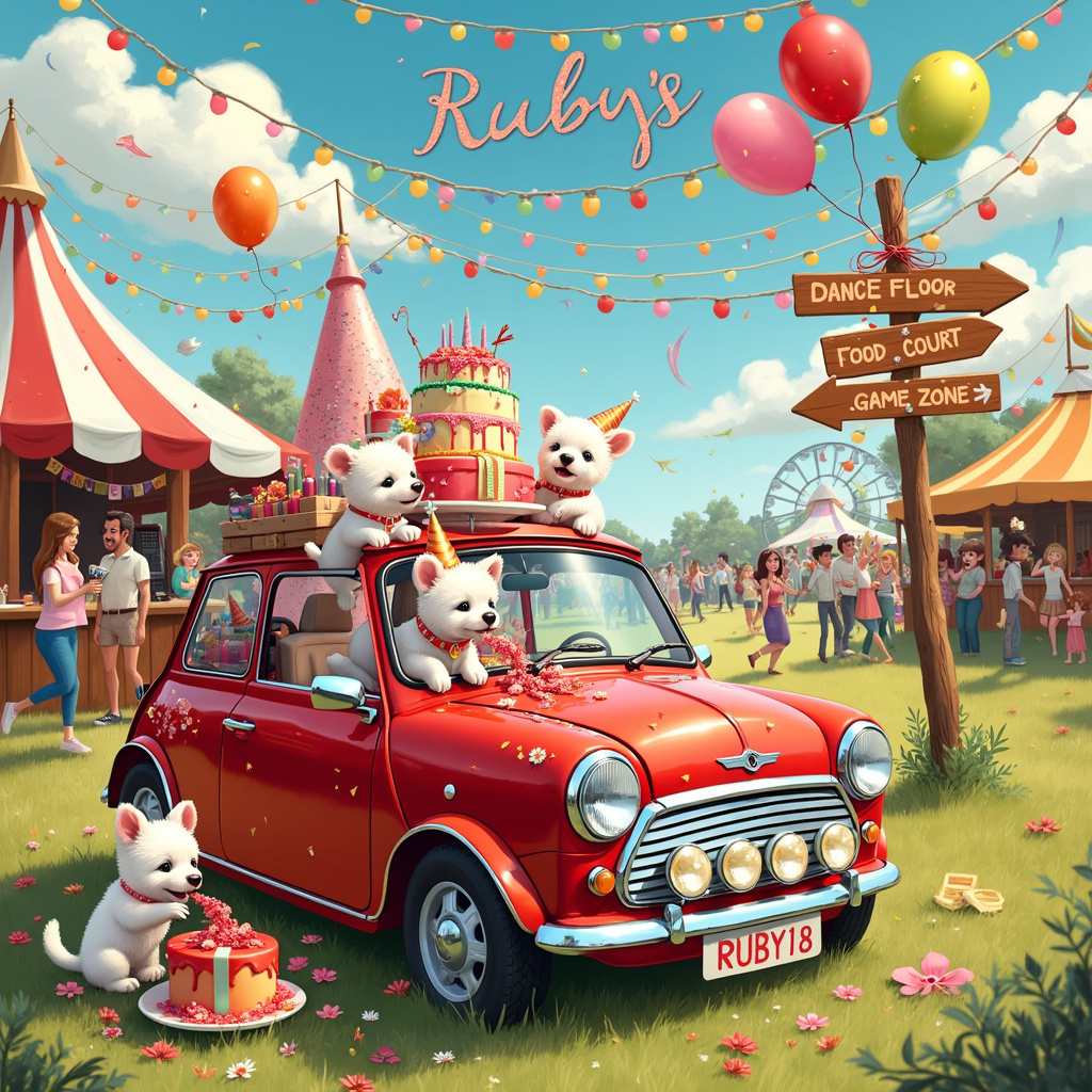 Picture a lively, colorful festival scene with an abundance of detail to delight the eyes! At the center of this festive chaos is a bright red mini convertible, its top down, packed to the brim with party supplies, including balloons, streamers, and wrapped gifts spilling out onto the ground. The mini’s license plate reads "RUBY18" in a fun, playful font.

Next to the car, on a small fold-out table, sits an enormous, multi-tiered birthday cake adorned with a sparkling "Happy 18th Birthday Ruby!" banner. The banner is decorated with tiny, intricate illustrations reminiscent of Aubrey Beardsley's elaborate designs, weaving around the letters with a delightful whimsy.

Perched on the hood of the mini, two cute, white fluffy dogs wearing tiny, festive party hats are playfully batting at a bottle of nail polish. One dog is curiously sniffing the bright red polish, while the other is trying to paw at it, as if fascinated by its shine. The dogs' fur is detailed with delicate, fine lines, echoing Beatrix Potter's charming style.

Behind the car, a vibrant festival backdrop unfolds, complete with tents, food stalls, and a Ferris wheel. The sky above is filled with strings of colorful festival lights, and Ruby's name is written among the clouds in elegant, swirling letters reminiscent of Gustave Doré's celestial illustrations. The clouds are fluffy and cartoonish, yet have a touch of Quentin Blake’s sketchy flair.

To one side, a group of animated party-goers are captured in mid-laughter, some holding cups and plates of food, others dancing to an unseen beat. They are depicted in the detailed, storytelling style of Norman Rockwell, each face expressive and unique. Streamers and confetti fill the air, adding to the sense of celebration.

The ground is a tapestry of lush grass, dotted with wildflowers that seem to dance in the festive air, with intricate details harking back to Maxfield Parrish’s vibrant, almost surreal landscapes. A signpost near the car points in different directions with festival-themed names like "Dance Floor," "Food Court," and "Game Zone," each written in a playful, curly font.

In this richly detailed scene, Ruby's 18th birthday is not just a celebration but a vivid, joyful story brought to life, blending elements from all these inspired artists into one unforgettable card cover.
Generated with these themes: Red mini, Nail polish, Festival, 2 Cute white fluffy dogs, Party, and 18th.
Made with ❤️ by AI.