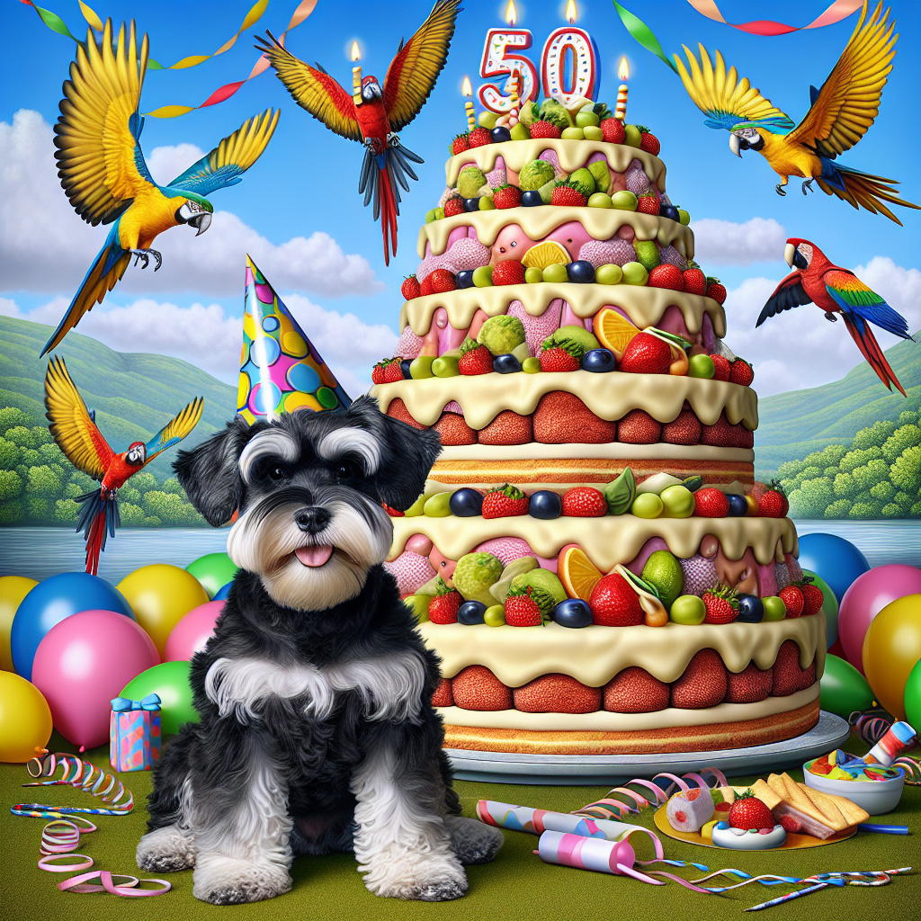 Imagine a festive birthday scene that exhibits a joyful cartoonish flair. At the center, an adorable black and silver Miniature Schnauzer, donning a playful party hat, sits with pride next to a remarkably big birthday cake. The cake is a sight to behold, encompassing multiple layers reminiscent of a trifle's stratified sweetness, filled with exaggerated features of fruit and cream. Above them, a flock of cartoon-style parrots in an array of bright hues flies freely, their vivid plumage reflecting the array of streamers and balloons embellishing the backdrop. The overall theme of the landscape portrays an exuberant cartoon birthday party.
Generated with these themes: Miniature Schnauzer black and silver, Trifle, Parrots, and Cake.
Made with ❤️ by AI.