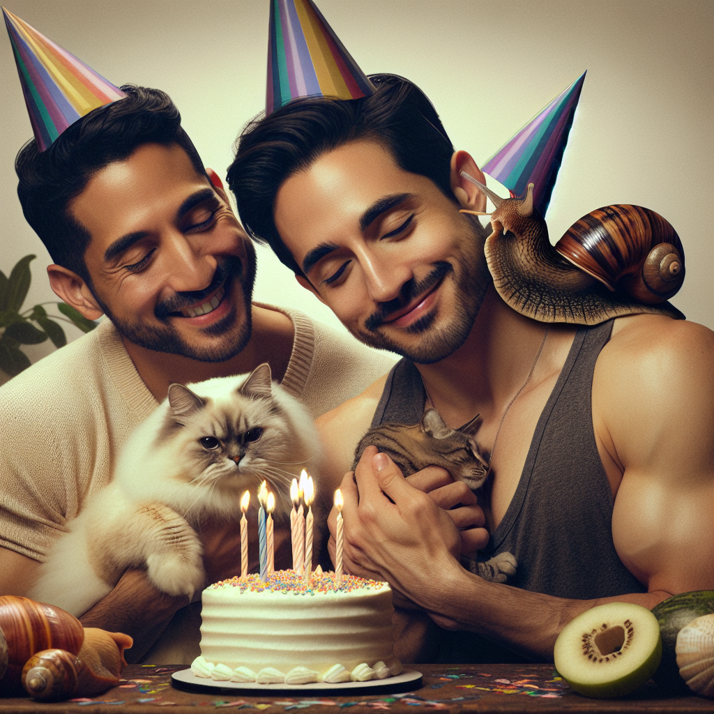 A heartwarming image portray a birthday scene with a gay couple, where one partner is a Hispanic man and the other is a South Asian man, both sharing a sweet moment together. They are accompanied by their adored pets, a fluffy white cat and an exuberant tabby cat, both adorned with festive party hats. The richness of the scene is intensified with an endearing element of a snail carrying a mini birthday cake on its shell, bringing an enchanting nuance to the celebration.
Generated with these themes: Gay, Boyfriend, White cat, Tabby cat, and Snail.
Made with ❤️ by AI.