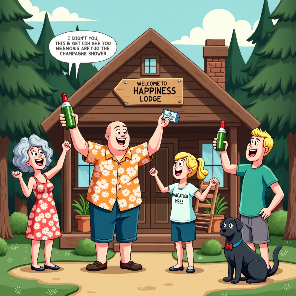 The scene unfolds in front of a charming wooden holiday lodge nestled in the heart of a dense forest, where tall pine trees stand like silent sentinels. The lodge, with its rustic woodwork and quaint chimney, has a small porch adorned with potted plants and a comfortable rocking chair. Standing outside, the cast of characters presents a humorous tableau: A jovial, 60-year-old bald man with a generous belly, wearing a Hawaiian shirt that struggles to contain his girth, is holding a bottle of champagne aloft like a trophy. Next to him, a 60-year-old woman with a crown of wild, curly grey hair and a matching floral dress is pointing towards the camera, her mouth agape in joyful laughter. To the left, a 30-year-old woman with flowing, golden blond hair tied in a loose ponytail and wearing a casual sundress is capturing the moment on her smartphone. Meanwhile, her counterpart, a 30-year-old man with dark blond short hair and wearing shorts and a "Vacation Vibes" T-shirt, is hilariously trying to open a second champagne bottle, looking both triumphant and terrified as the cork is about to pop. At their feet, a dark grey Labrador, clearly the calmest of the bunch, sits with an expression of bemusement, wearing a bow tie for this special occasion. In the background, a wooden sign nailed to a tree reads "Welcome to Happiness Lodge" with an arrow pointing towards the lodge. Floating just above this comedic gathering is a speech bubble emanating from the Labrador that reads, "I didn't get the memo about the champagne shower!" This quirky ensemble creates a delightful, animated scene full of character and story, perfect for a thank-you card that promises laughter and gratitude.
Generated with these themes: 60 years old man bald and fat, 60 years old woman grey hair and fat, 30 years old woman, long blond hair , 30 years old man, dark blond shorthair, Dark Grey labrador, Wooden Holiday Lodge, and CHampagne.
Made with ❤️ by AI.