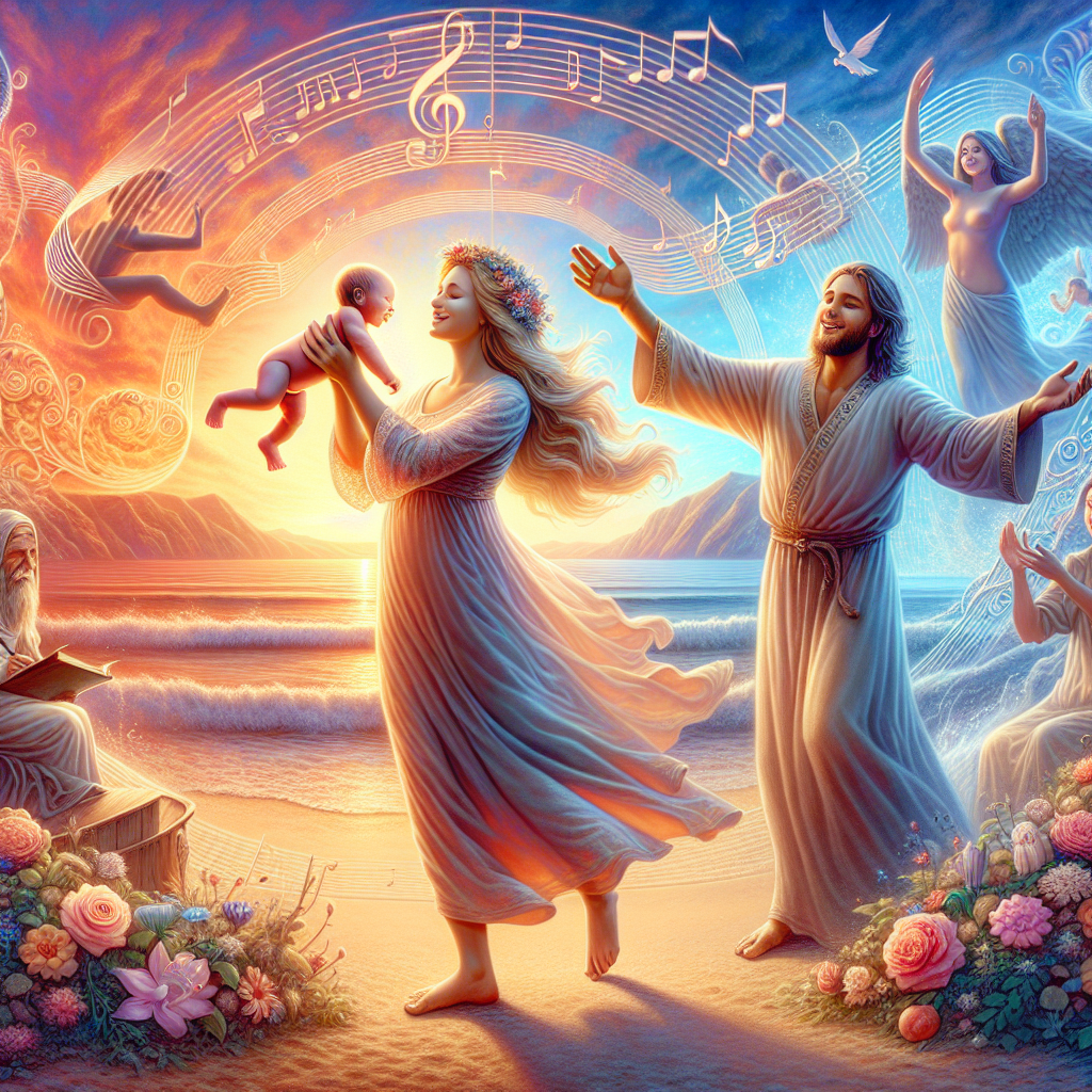 A surreal illustration commemorating the birth of a baby boy mingles dreams with reality rendering a tapestry of allegorical elements. A radiant Caucasian mother with blonde hair is joyfully holding her newborn baby, dancing with the boy while a tall, loving Middle-Eastern father with brunette hair oversees them. This familial celebration takes place on a captivating beach during sunset, the sky awash with an array of colors. Music notes intertwine visually with floral elements, enhancing the harmonious joy of the scene. Friends appear as benevolent silhouettes, contributing to the celebration. Amid this ethereal beach scene, the cycle of life is beautifully illuminated.
Generated with these themes: Music, blonde beaitiful mum, brunette tall dad, baby boy, sunset, dancing, flowers, hosting friends, the beach.
Made with ❤️ by AI.