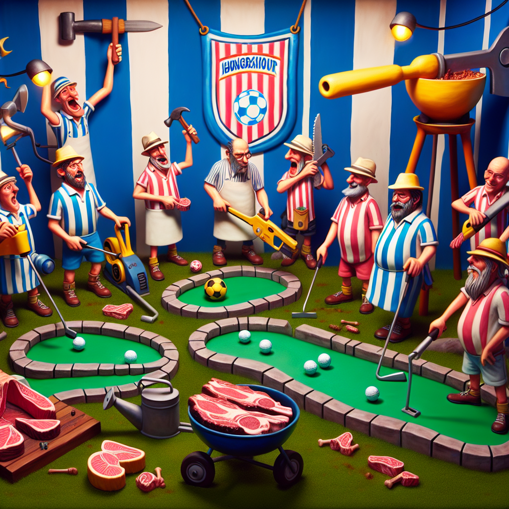 The scene paints a whimsical birthday setup where fantastical characters assemble around a mini golf course, themed after a popular soccer club. Each hole is ingeniously fashioned with tools commonly found in a handyman's kit, from drills to saws, embedding these elements into the fun-filled course. An energetic grill, animated with succulent steaks fluttering nearby, commands the attention of spectators clothed in the iconic club colors, cheering passionately for the players. A flag symbolizing loyalty towards the soccer club flutters in the background, tastefully tying the birthday theme together.
Generated with these themes: Dewalt tools, Golf, Leeds united, and Steak.
Made with ❤️ by AI.