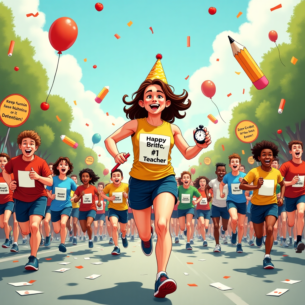 At the top of the illustration image, “Happy BIRTHDAY, LeighAnn—You're Setting the Pace and Grading the Race!”

A humorous illustration of a crowded marathon scene where LeighAnn, wearing a “#1 Teacher” bib, is sprinting ahead of a pack of out-of-breath runners who are all students frantically carrying apples and homework papers. She's clutching a red pen mid-run, marking assignments while holding a stopwatch in her other hand. Signs on the side of the race route say “Keep Running or It’s Detention!” and “Extra Credit If You Finish!” The sky is sunny and full of celebratory balloons shaped like pencils and erasers, with birthday confetti fluttering down.
Generated with these themes: Marathon race runner, and Teacher.
Made with ❤️ by AI.