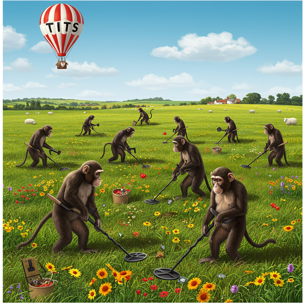 Front Cover Design Description:

1. **Background Scene**: A lush, expansive countryside field stretches across the card. The field is dotted with vibrant wildflowers in hues of yellows, reds, and purples. A clear blue sky with wisps of cotton-like clouds blankets the top portion of the card.

2. **Monkeys with Metal Detectors**: Twelve realistic and detailed monkeys, each with their own distinct fur patterns and shades of brown, are scattered throughout the field. Each monkey wields a metal detector in one hand, held in front of them, and a small spade in the other, ready to dig up treasures. They are captured mid-action, with some hunched over as if examining the ground, while others swing their metal detectors.

3. **Objects & Props**: 
   - The metal detectors are depicted with shiny, metallic finishes and digital displays, giving a modern and realistic look.
   - The spades are small, with wooden handles and shiny silver blades reflecting the sunlight.
   - Scattered in the grass are occasional trinkets like old coins, bottle caps, and tiny metallic heart-shaped charms, hinting at what the monkeys are searching for.

4. **Textual Element**:
   - A red and white striped hot air balloon floats in the sky, casting a soft shadow over the field below.
   - Bold, black letters spell out "TITS" across the side of the balloon in a playful, sans-serif font, making it a cheeky and eye-catching element within the scene.

5. **Additional Details**: In the background, a quaint little farmhouse with white walls and a red roof can be seen on the horizon, adding depth to the scene. A few puffy white sheep dot the distant pastures, providing a pastoral charm.

This detailed depiction ensures that the card conveys both the quirky Valentine's theme and the intriguing hobby of metal detecting with a touch of whimsy.
Generated with these themes: Metal detecting in a field with a group of  12 monkeys with spades, and .
Made with ❤️ by AI.