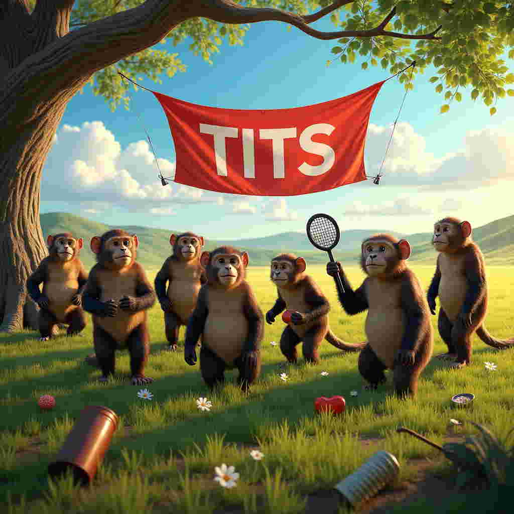 Front and center, in a sprawling field of lush, green grass speckled with small wildflowers, stand a group of twelve lifelike monkeys, each equipped with a metal detector and a spade. The monkeys, rendered in meticulous detail, have realistic fur textures ranging from dark brown to golden. Their facial features are expressive and finely detailed, showcasing individual personalities, from the inquisitive tilt of a head to the excited wide eyes.

In the background, the sky is a brilliant blue, dotted with fluffy white clouds, and a large banner stretches across two tree branches overhead. The banner is a vibrant red, with the word "TITS" boldly emblazoned in large, white letters. 

To the left, a large oak tree with twisting, gnarled branches provides shade, and beneath it, one monkey seems to have found a treasure—a heart-shaped locket, gleaming in the sunlight. The ground is uneven, with patches of earth turned up, hinting at recent digging activities.

Scattered around are whimsical objects sticking out of the ground, such as a rusted key, a bent spoon, and an old tin can, each adding to the realistic feel of a field ripe for metal detecting. In the distance, rolling hills create a serene backdrop, with a hint of a sun beginning to set, casting a warm, golden hue over the entire scene.
Generated with these themes: Metal detecting in a field with a group of  12 monkeys with spades, and .
Made with ❤️ by AI.