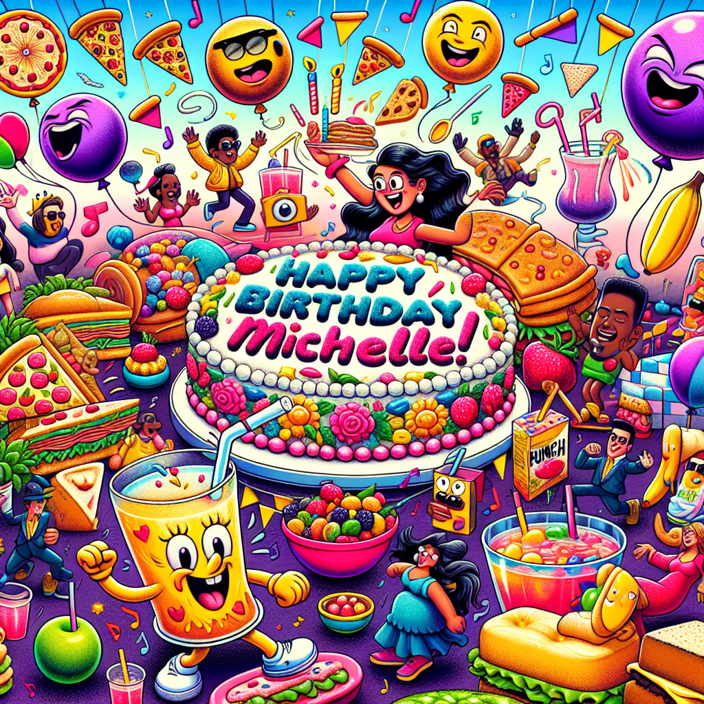 Illustrate an animated world brimming with colors and joy. At the center, feature a large, whimsically decorated cake bearing 'Happy Birthday, Michelle!' in bold, sugary letters. Surround this with an assortment of cartoon-style food items like oversized sandwiches, jolly pizzas with faces, and a punch bowl bubbling with laughter. Lively music notes floating through the air add to the ambiance, while caricatured guests, including a South Asian woman and a Middle Eastern man, dance with playful exaggeration. Fill each corner with humorous elements, such as a balloon animal juggling fruit or a slice of cake performing the moonwalk, emphasizing the theme's lighthearted nature.
Generated with these themes: Michelle, and Food and dancing.
Made with ❤️ by AI.