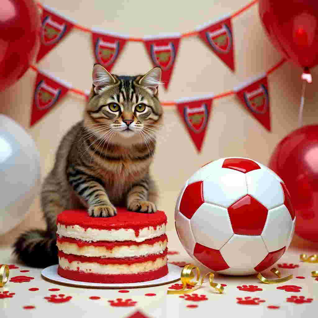 Front and center, place a lifelike tabby cat with a charmingly fluffy coat, its fur patterned with light brown and black stripes. The cat should be perched on top of an oversized, realistic-looking birthday cake, with layers visible and each layer iced with red and white frosting. The frosting should be smooth and slightly glossy, like it's freshly applied, with red being predominant in a nod to Arsenal's colors.

To the right of the cake, position a gleaming, photorealistic model of a classic Arsenal football, complete with a crisp white background and vivid red panels, each emblazoned with the iconic Arsenal logo, detailed with the golden cannon. 

In the background, create the illusion of an Arsenal-themed party setting: imagine a wall decked out with bunting in alternating red and white flags. The flags should have the Arsenal logo prominently displayed. Surrounding the scene, scatter a few confetti in the shape of tiny footballs and paw prints, meticulously detailed to look lifelike, with shadows adding depth against the flat surface they rest on.

Add a scattering of vibrant red and white balloons, some slightly deflated to enhance the realistic style. Each balloon should be tied with curly, reflective gold ribbons that shimmer under the imaginary lighting, suggesting the festive atmosphere of a party. The background wall should be a soft beige, complementing the scene without drawing attention away from the main subjects.
Generated with these themes: Cute cat, and Arsenal.
Made with ❤️ by AI.