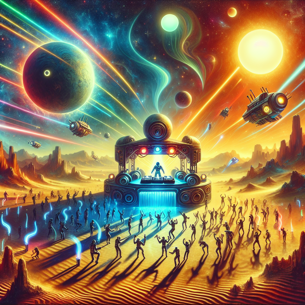 The artwork illustrates an energetic party taking place in an imaginative replica of a desert planet, akin to a science-fiction setting. At the heart of the festivities is a DJ wearing a futuristic helmet, similar to that of an intergalactic bounty hunter, spinning tunes at a booth made from a repurposed robotic tank head. Vivid landscapes surround him, warping and extending in response to a mysterious cosmic substance permeating the atmosphere. Faintly shadowed party attendees gleefully dance with energy swords in hand, under the radiant illumination of two suns, giving the milieu an exhilarating, yet alien environment, as generic sci-fi flying vessels traverse the dreamlike sky.
Generated with these themes: Star wars,dj,drugs.
Made with ❤️ by AI.