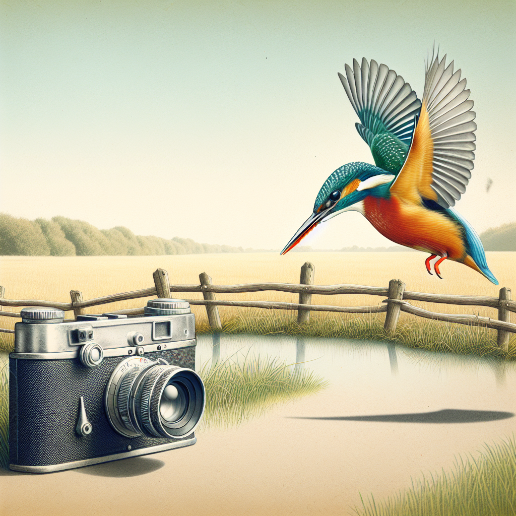 A charming illustration of a dynamic scene in nature. Imagining a mid-plunge kingfisher diving, its vibrant feathers highlighted against a tranquil rural landscape. In the foreground, a vintage camera lies creating an interesting contrast. The camera is situated on an old-fashioned fence, subtly implying a moment of appreciation frozen in time forever. This image serves as an elegant symbol of nature's alluring beauty and the pleasure derived from its close observation.
Generated with these themes: Diving Kingfisher , camera, countryside .
Made with ❤️ by AI.